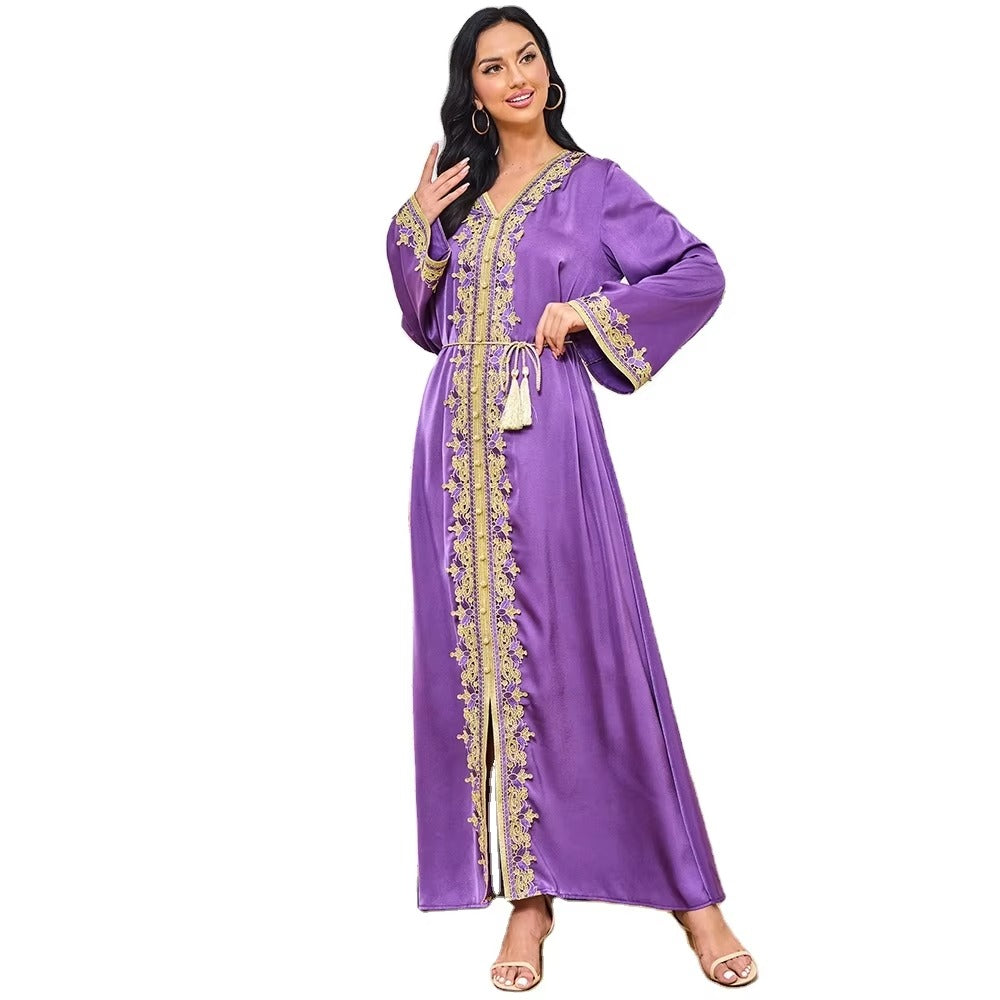 Abayah für Frauen 2023 Dubai Chic Solid Full Sleeve V-Neck Gürtelkleidung elegantes lässiges marokkanisches langes Kleid