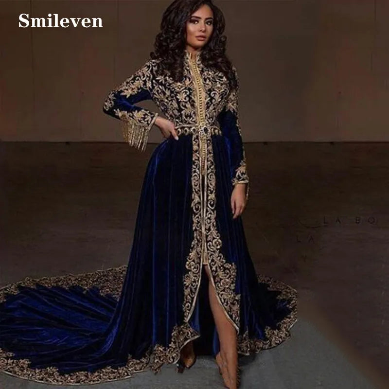 Caftan karakou algerien Formal Evening Dresses Long Sleeve High Low Velvet Gold Lace Peplum Occasion Evening Gown