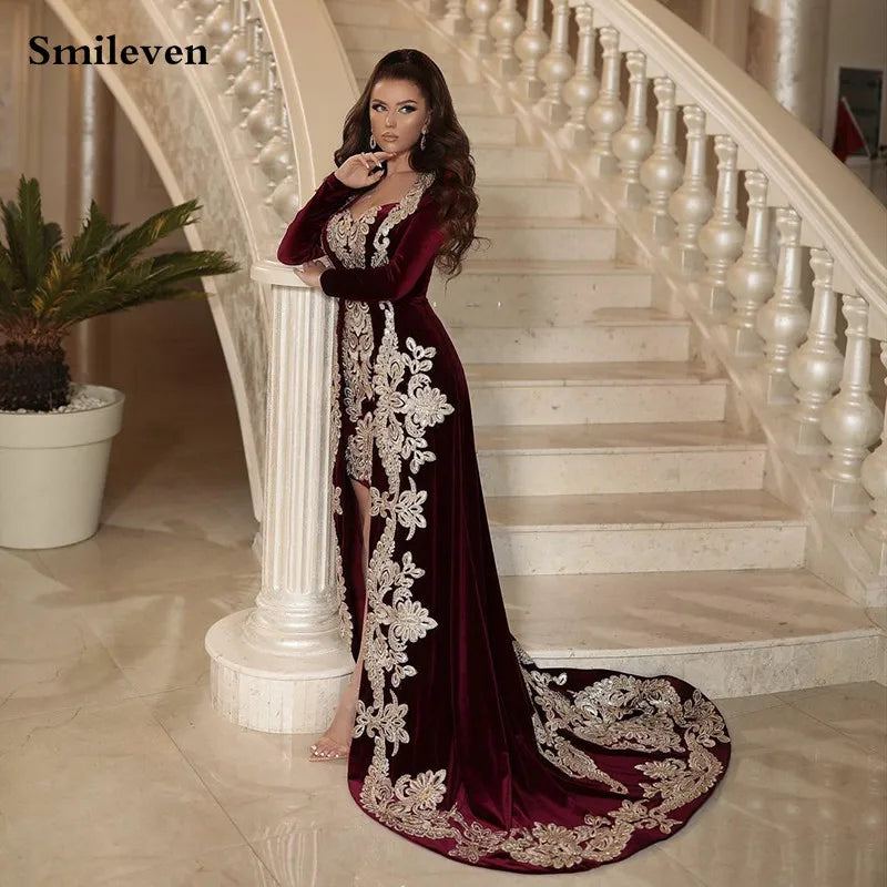Burgundy Morocco Caftan Evening Dresses Full Sleeve Lace Mermaid Prom Gowns Classic Formal Evening Party Dress
