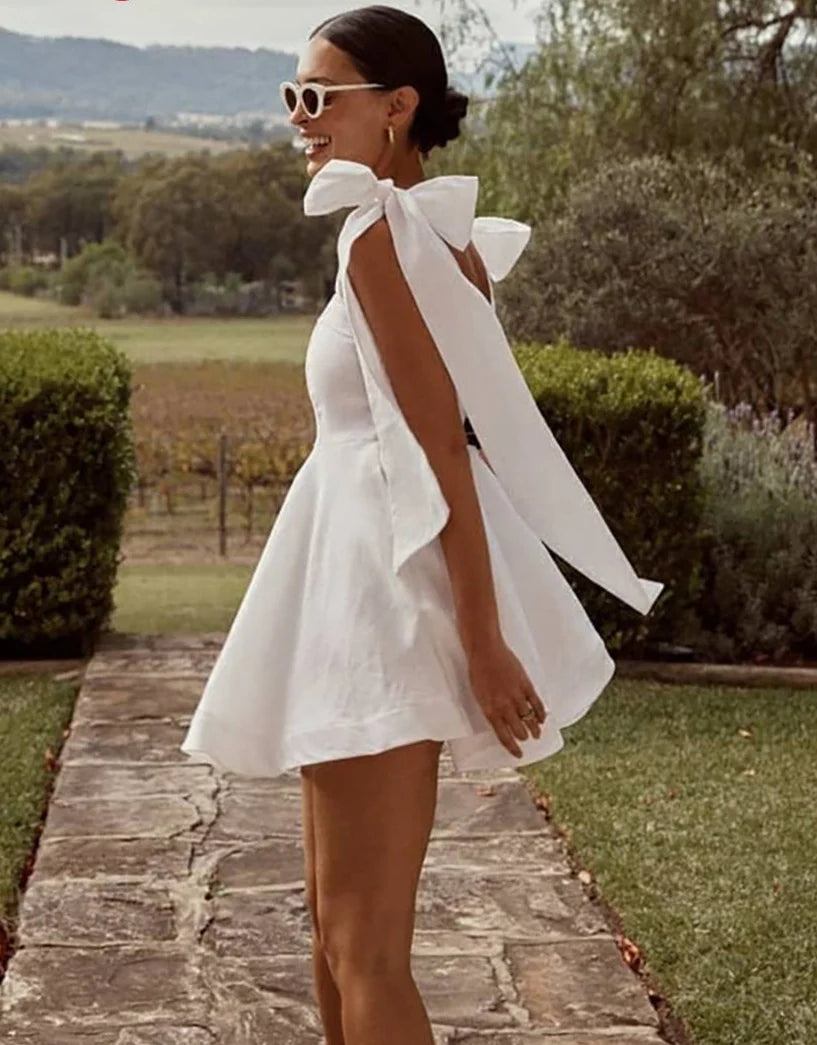 Simple A Line Short Wedding Dresses With Bow Tied Shoulder Straps Mini Bride Party Dress Country Robe de soiree