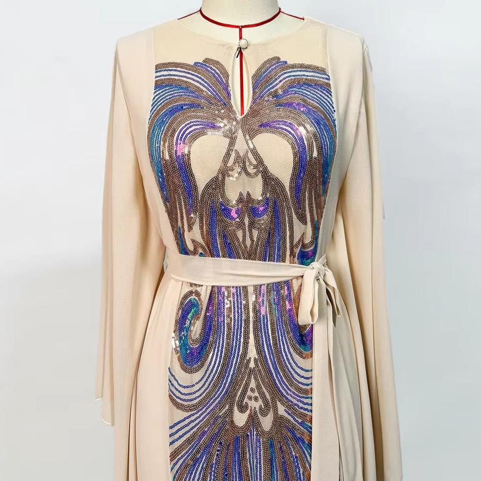 Robe de soirée élégante avec broderie florale et paillettes, manches papillon, caftan ceinturé pour femmes, vêtements décontractés et amples pour femmes musulmanes arabes