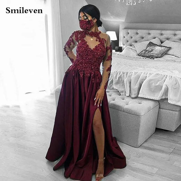 Burgundy High Neck caftan Evening Dresses Beaded Lace Full Sleeve Split Arabic Special Occasion Evening Party Gowns
