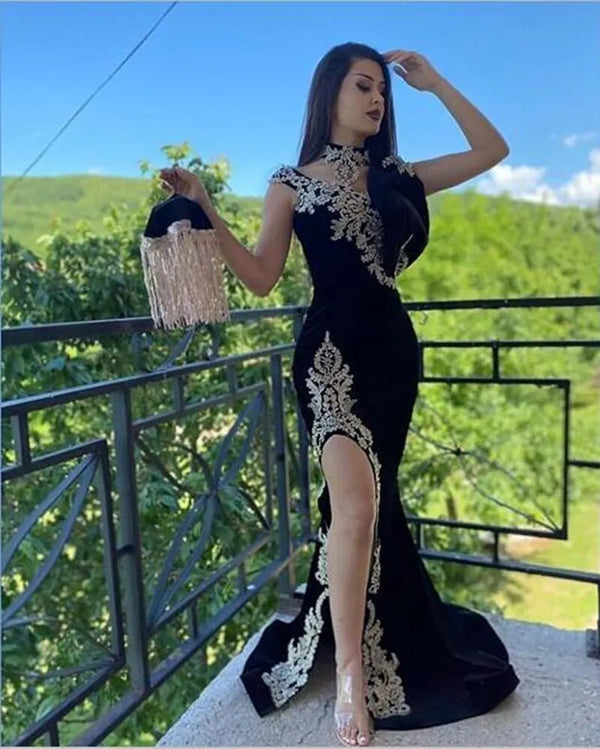 Elegant Moroccan Kaftan Evening Gowns Black Algerian Outfit Party Dress Appliques Lace Velvet Dubai Gown Detachable Train