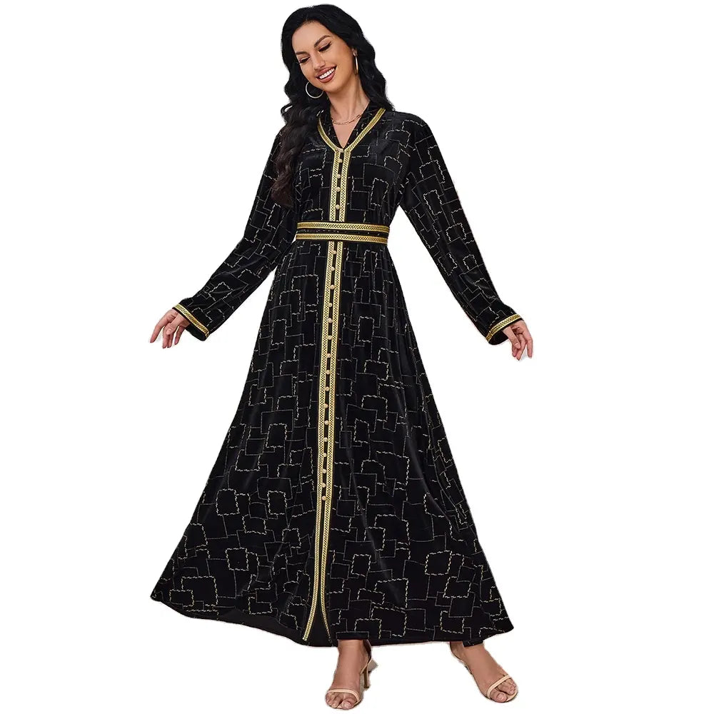 Otoño Invierno terciopelo negro vestido largo estampado dorado manga larga cuello en V cinturón Abaya Jalabiyat marroquí Dubai Kaftan