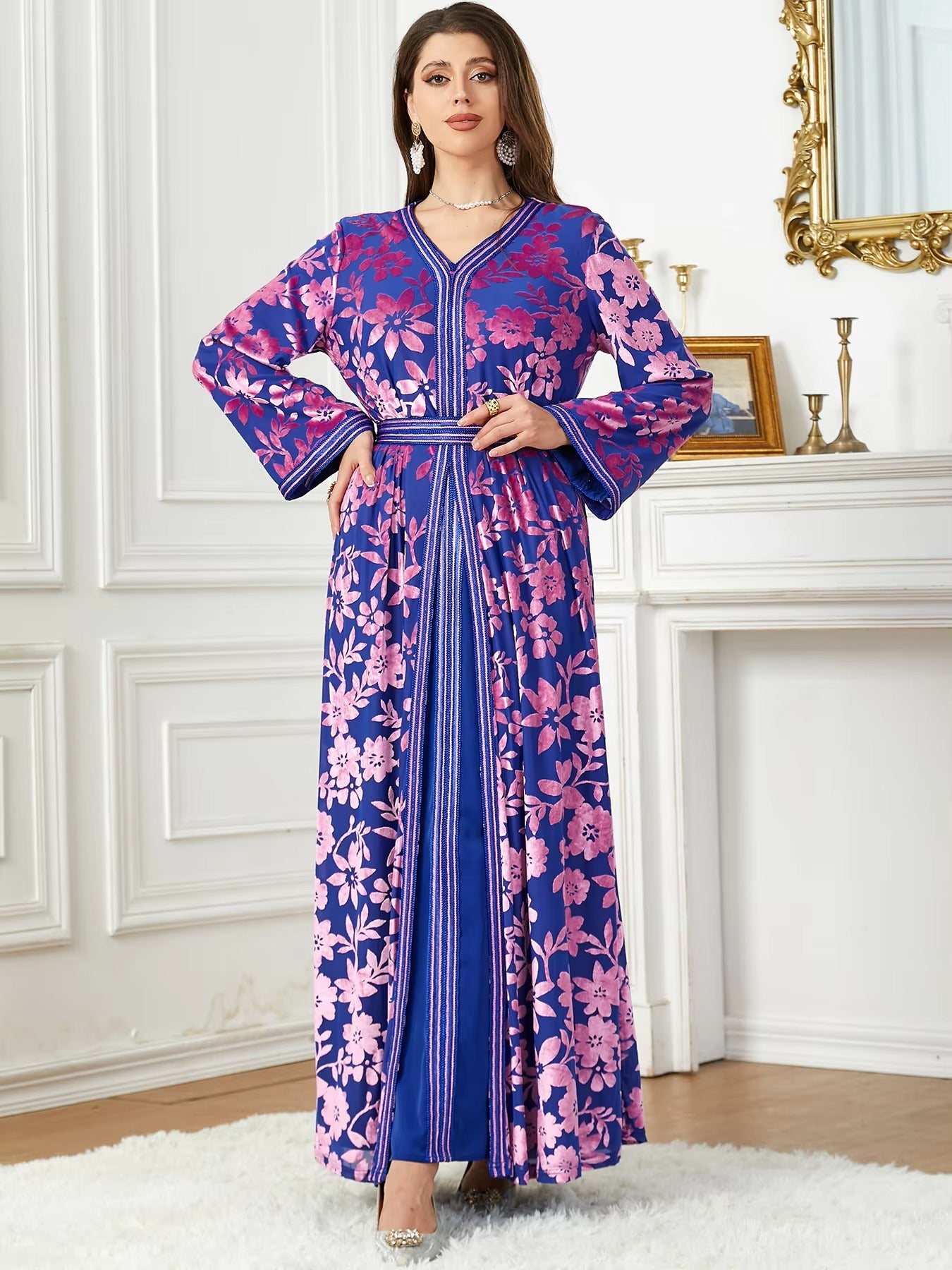 Fashion Autumn Winter Printing Velvet Evening Party Set With Sashes Jalabiyat Dubai Moroccan Long Sleeve V-Neck Gown