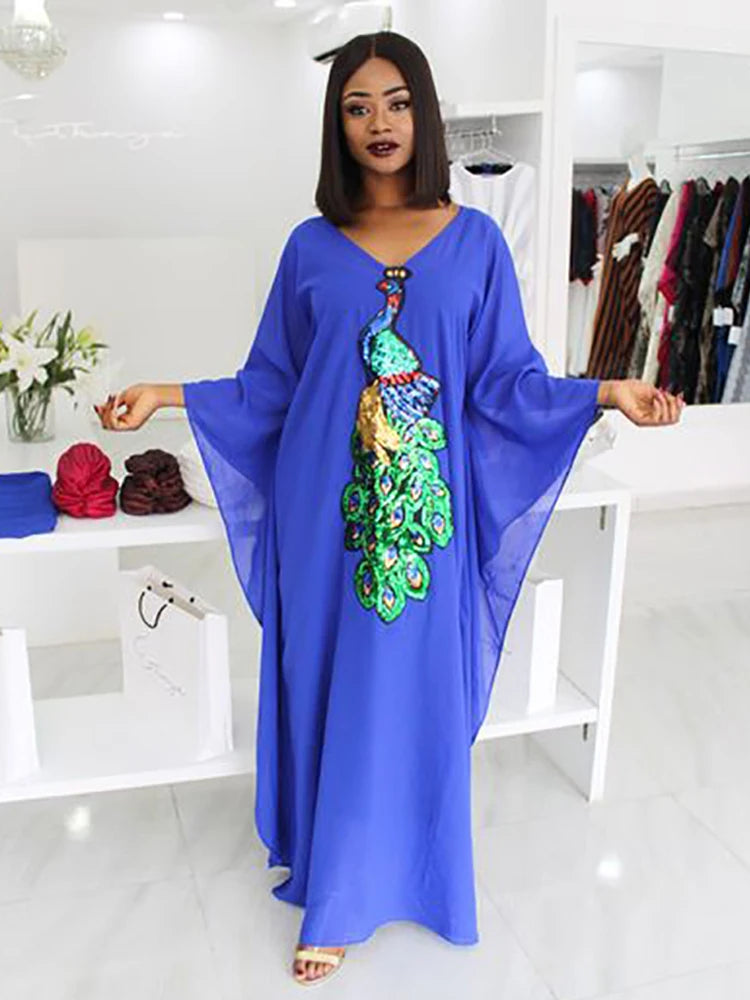 Pakistan Royal Blue Chiffon Formale Abiti da sera Sexy V Neck Peacock Pattern Saudita Arabia Caftan Abiti da sera