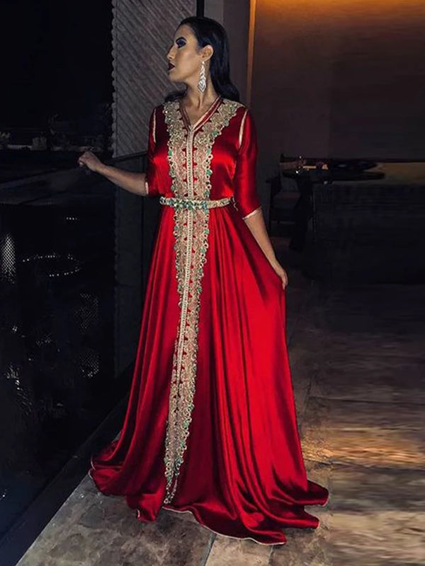 Red Muslim Evening Dress Satin Moroccan Kaftan Gold Lace Half Sleeve Saudi Arabic Special Occasion Party Dress Custom Made