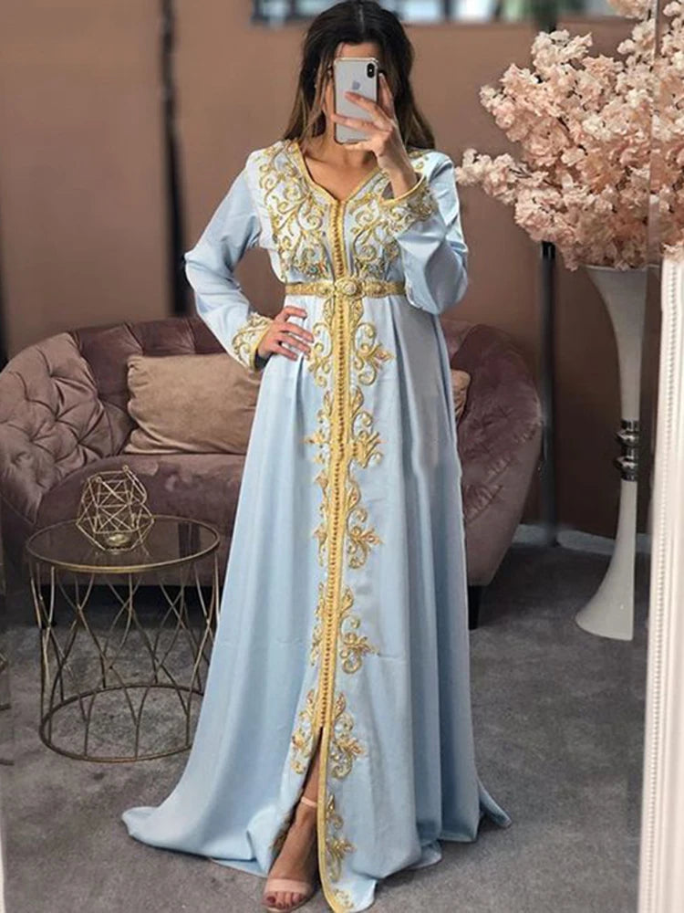 Sky Blue Moroccan Caftan Formal Evening Dress Long Sleeve Muslim Party Dress Gold Lace Dubai Special Occasion Dresses