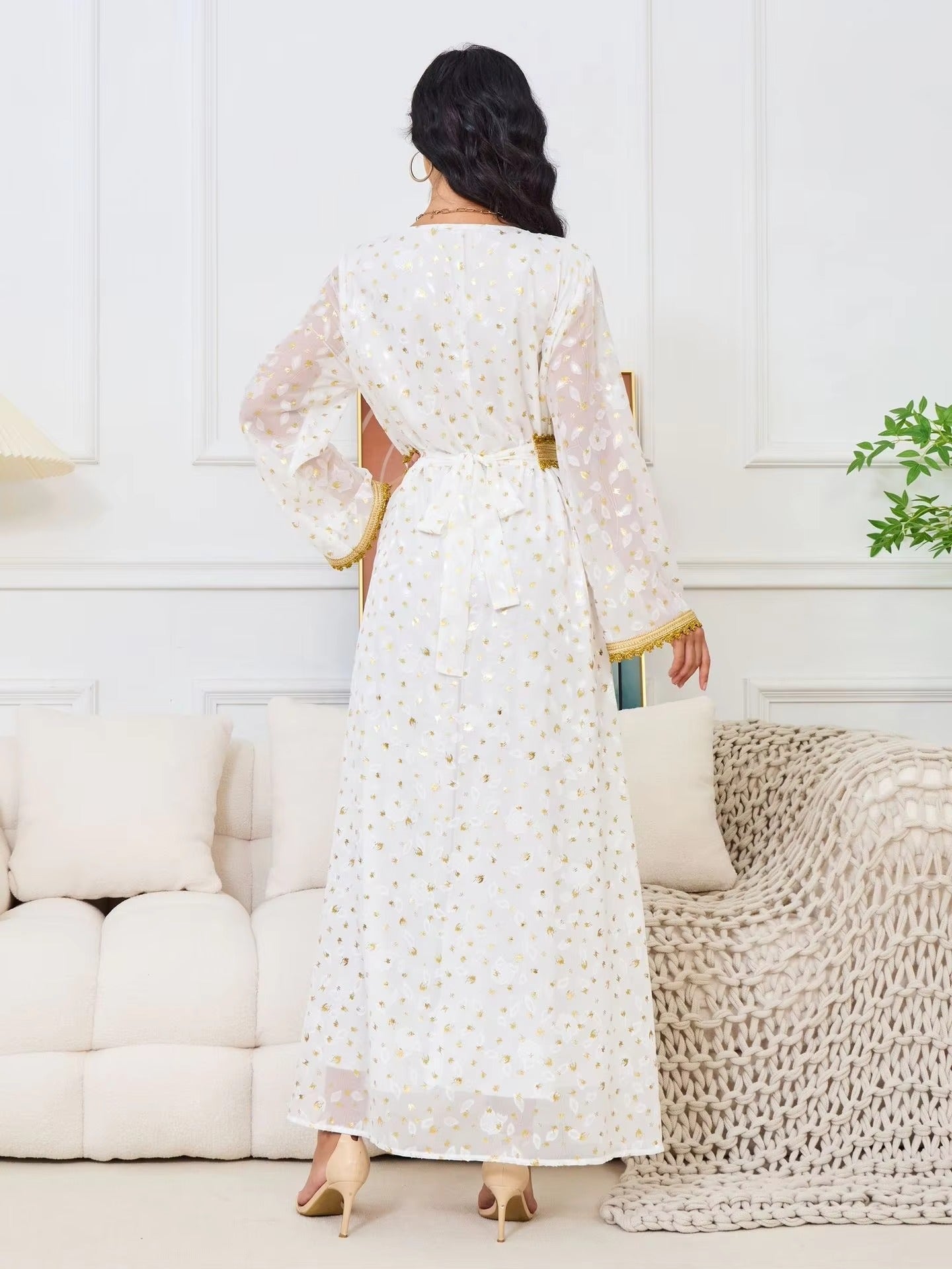 Robe de soirée en maille blanche, motif Floral, manches longues, col en v, avec ceintures, caftan marocain islamique dubaï pour femmes