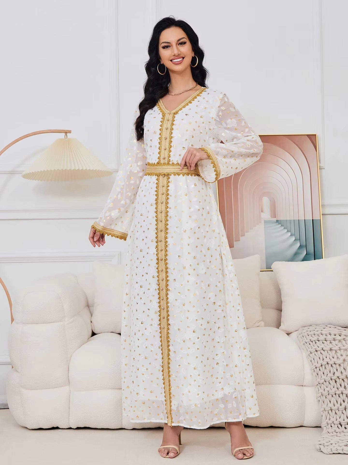 Gold Stamping Evening Party White Mesh Floral Long Sleeve V-Neck Dress With Sashes Moroccan Islamic Dubai Women Kaftan