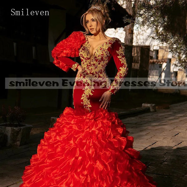 V Neck Red Morocco Caftan Mermaid Evening Party Dresses Long Sleeve Gold Lace Prom Gown Saudi Arabia Red carpet Dress
