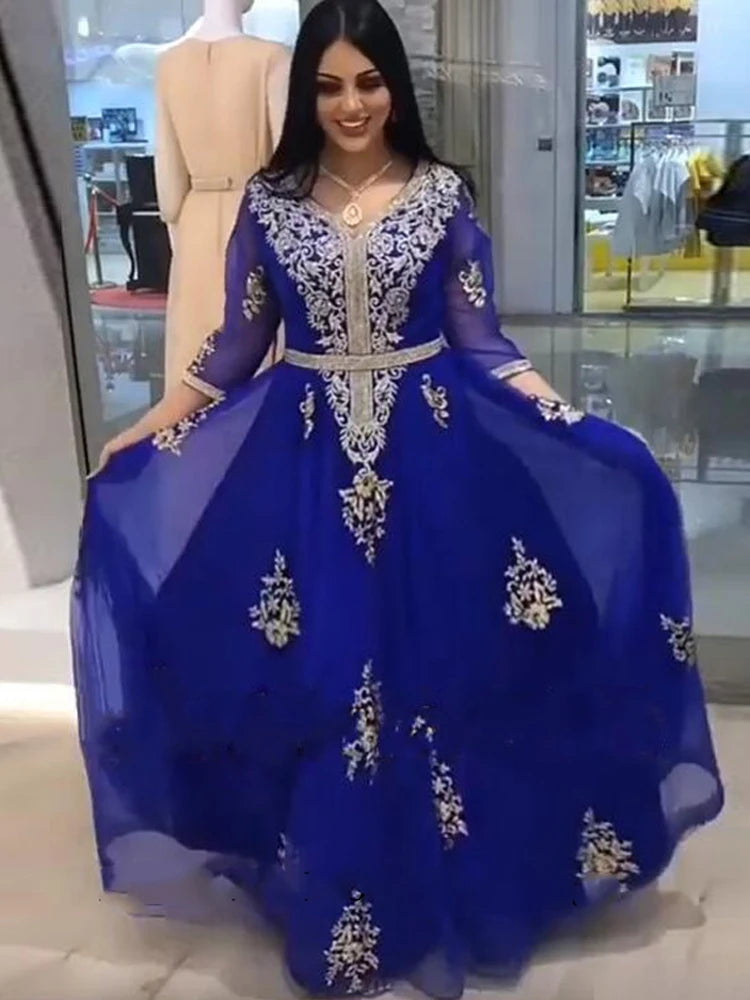 Robe de soirée caftan marocain bleu Royal, manches 3/4, avec des Appliques, plis arabes, robes de soirée formelles musulmanes pour occasions spéciales