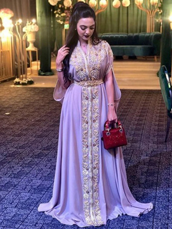 Lavander Muslim Evening Dresses Formal Plus Size Short Sleeve Chiffon Lace Appliques Moroccan Kaftan Prom Gowns Customized