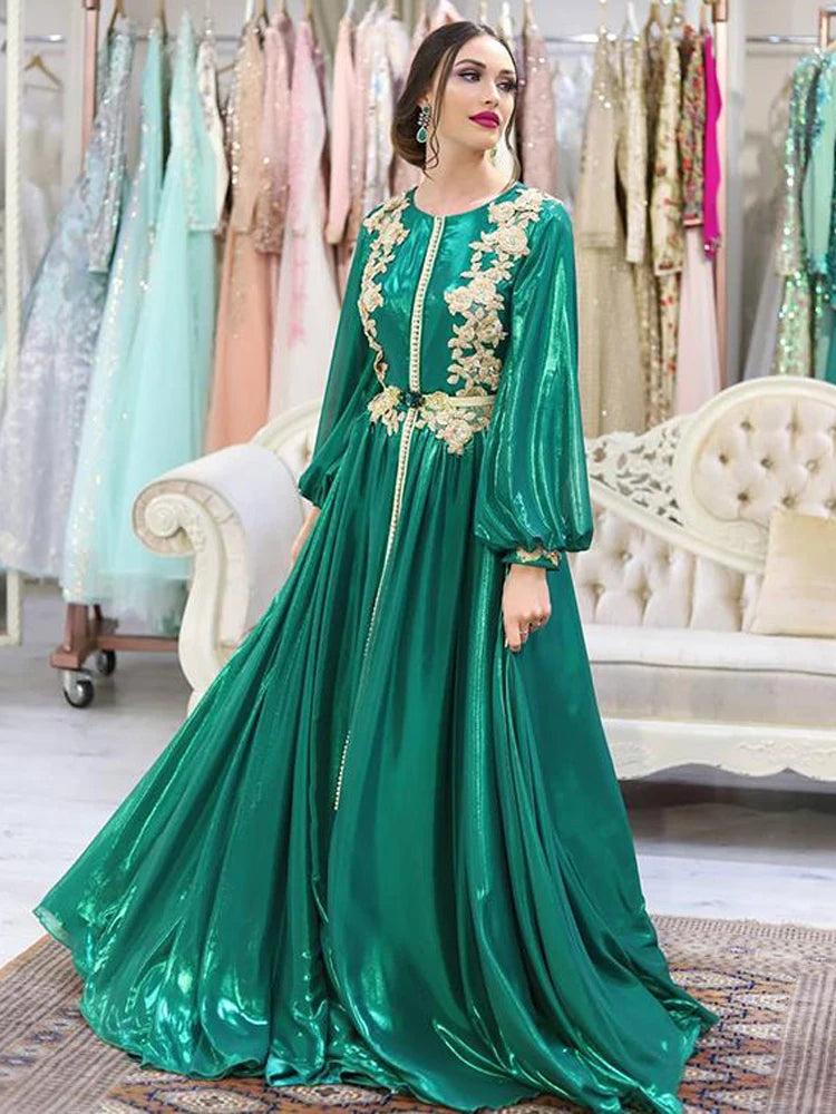 Emerald Green Marokkaanse Kaftan avondjurken voor vrouwen formele gouden kant Dubai Princess Prom Celebrity Party -jurken