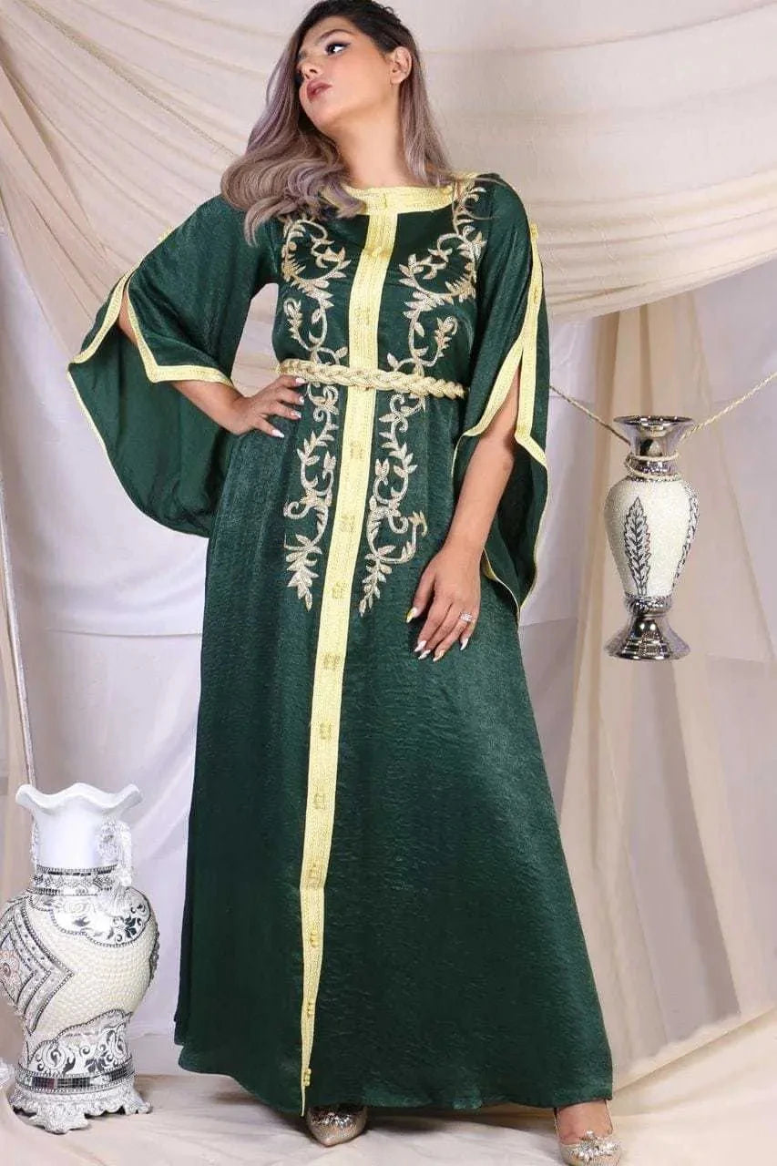 Vestido de kaftan verde esmeralda adornado com contas de renda dourada mangas de flare de mangas marroquinas de kaftan vestidos de noite