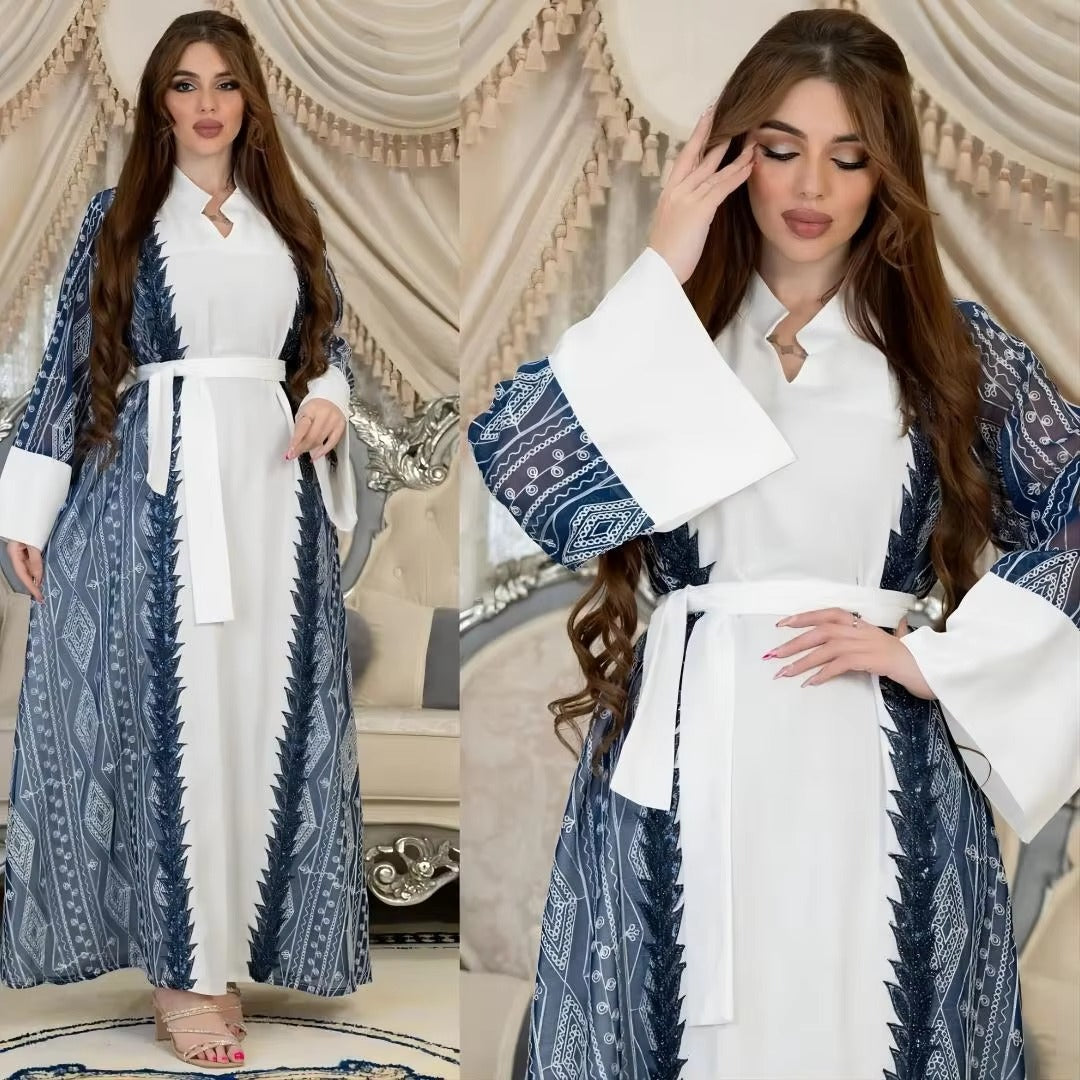 Dubai Turkish Ethnic Floral Embroidery Sequins Belted Evening Gown Eid Al-Adha Saudi Arab Djellaba Clothing Ramadan Eid