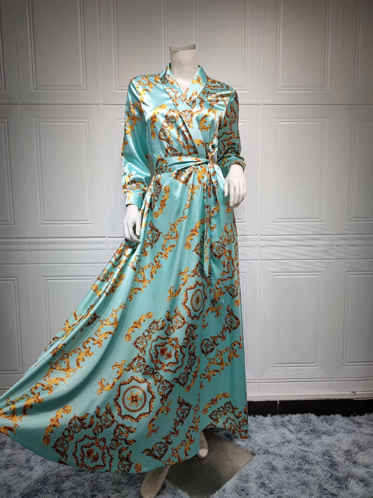 Robe de soirée pour femmes musulmanes, mode décontractée, ceintures imprimées, col en v, manches longues, Chic ethnique Abaya, vêtements longs de dubaï