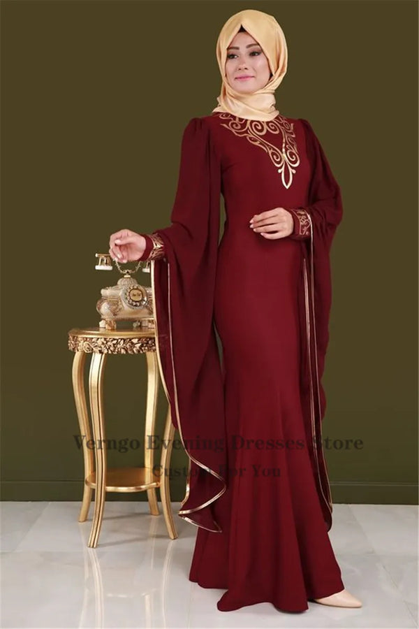 Mermaid Evening Dresses Moroccan Kaftan Dubai Arabic Long Sleeve Scarf Gold Applique Formal Gowns