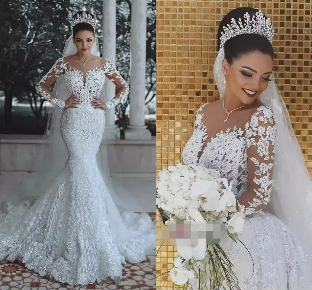 Funkelnde Spitzen Hochzeitskleid Meerjungfrau Illusion Mieder Vestido de noiva Langarm Langarm Sheer Neck Applizes Brautkleider Frühling Frühling