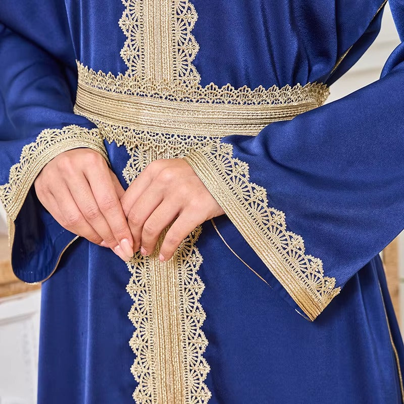 Caftan marocain à la mode pour femmes, ensemble 2 pièces avec ceintures en dentelle Guipure, manches longues, robes longues élégantes et chics