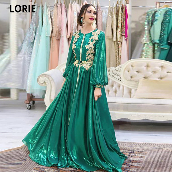 Emerald Green Moroccan Kaftan Evening Dresses for Women Formal Gold Lace Dubai Princess Prom Celebrity Party Gowns