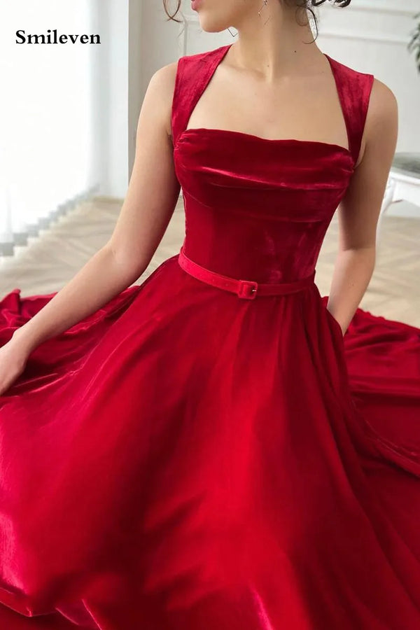 Red Caftan Evening Gowns A Line Tea Length Party Prom Dress Sleeveless Velvet Formal Lady Wear