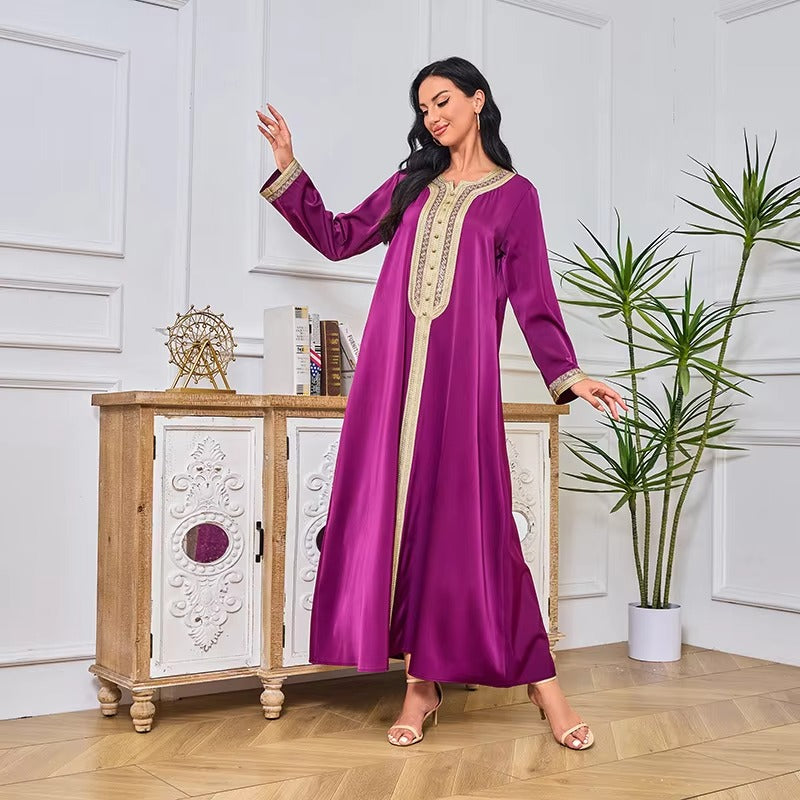 Turkse Abaya Chique Solid Long Dress Diamonds Tape Trim Full Sleeve O-Neck Sashes Moslim Casual Elegant Women Clothing