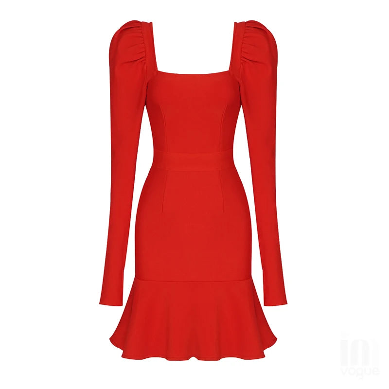 Women Winter Sexy Long Sleeve Square Collar Black Pleated Mini Bodycon Bandage Dress 2021 Elegant Evening Party Dress Vestidos