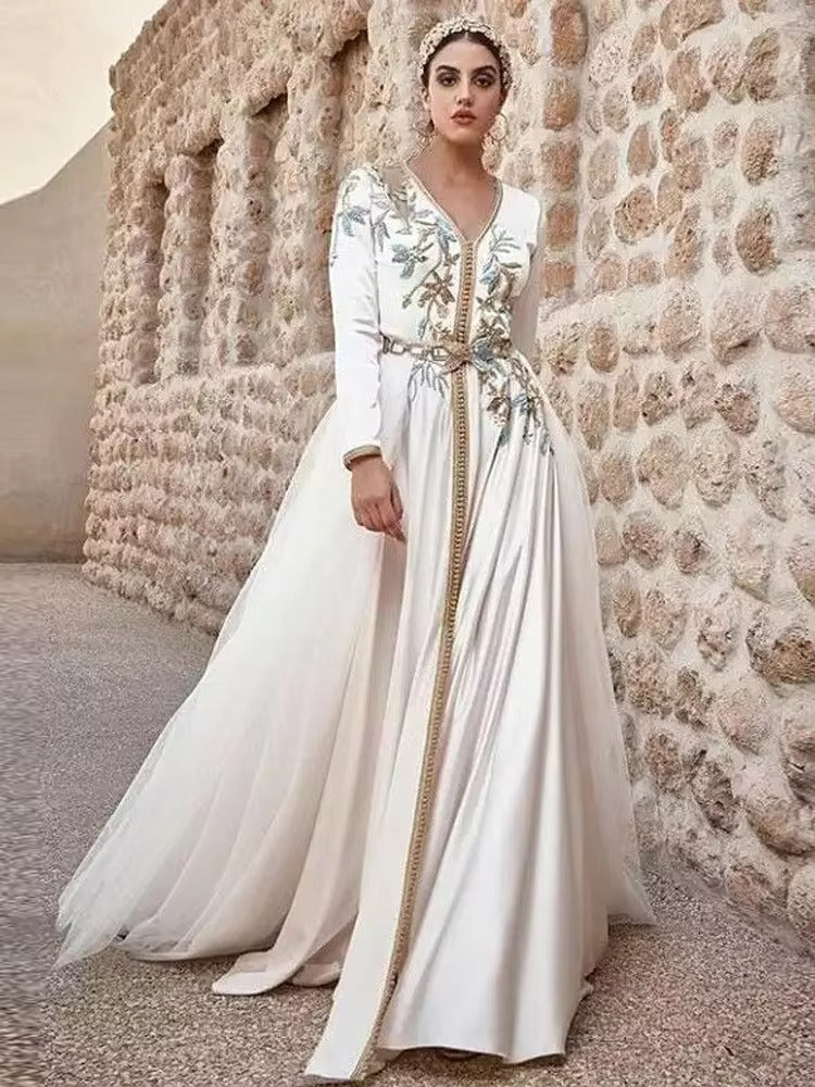 Robe de soirée en dentelle, caftan marocain, avec des Appliques en dentelle, dubaï, arabe, pour occasions spéciales, ligne a, robe de bal de mariage musulmane