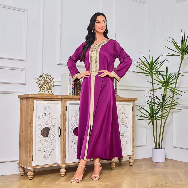 Abaya – robe longue turque Chic, couleur unie, garniture avec bande de diamants, manches longues, col rond, ceintures, vêtements musulmans décontractés et élégants pour femmes