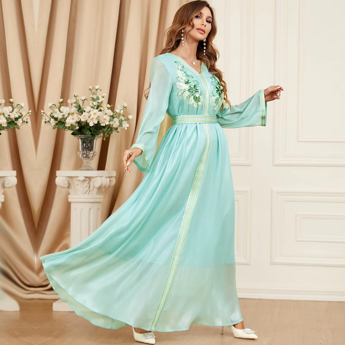 African Dubai Islamic Dress For Woman Evening Party Chic Sequins Full Sleeve V-Neck Belted Gown Jalabiya Moroccan Abaya