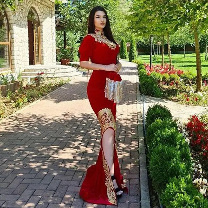 Abito da sera kaftan marocchino rosso sirena sirena formale di appliques in pizzo da ballo per celebrità con rimozione della gonna alta split