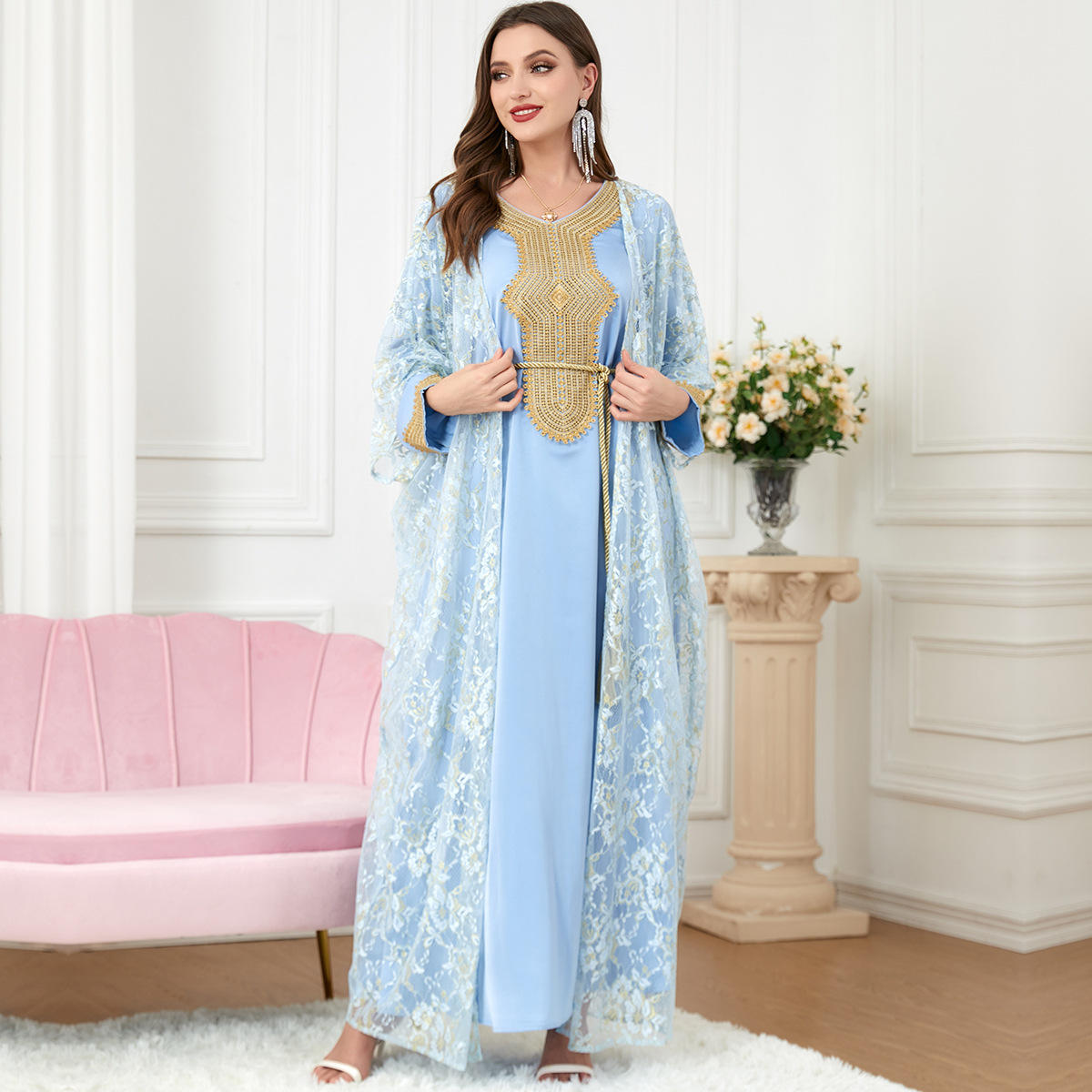 Muslim Set in pizzo Abaya e Abito di raso Jalabiyat Turkish Moroccan Caftan per donne Abbigliamento con cintura a maniche lunghe solide