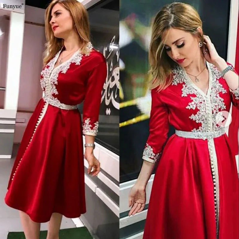 Gorgeous Red Short Moroccan Caftan Formal Evening Dress Charming V Neck Lace Women Party Gown Knee Length Vestidos De Gala