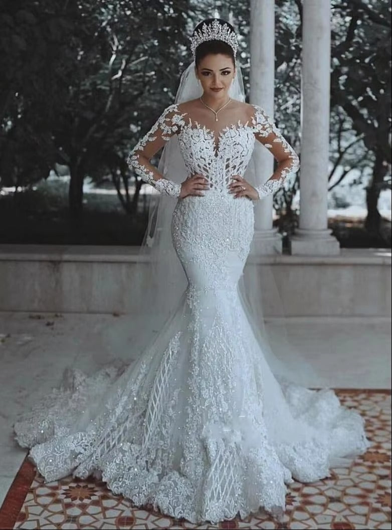 Sparkly Lace Wedding Dress Mermaid Illusion Bodice vestido de noiva Long Sleeve Sheer Neck Appliques Bridal Gowns Spring