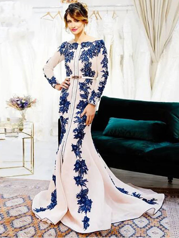 Dubaï Appliques rose mousseline de soie caftan robes de soirée sirène marocaine formelle fête robes de bal avec manches longues col rond