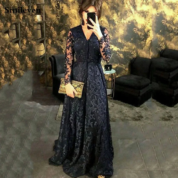Black Lace Morocco Caftan Evening Dresses V Neck Long Sleeve Prom Dress Floor Length Formal Evening Party Dress Outfit