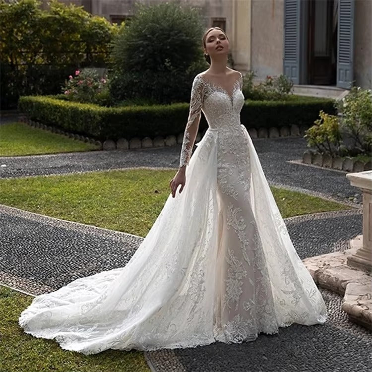 Roddrsya Romântico decote em V Apliques de sereia vestido de noiva elegante de manga longa Tule Tulle Bridal GOWNS NOVA festa de noiva destacável