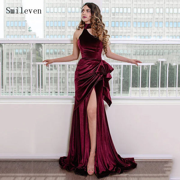 Sexy Velvet Mermaid Evening Dresses Halter Neck Side Split Formal Party Gowns Caftan Arabic Prom Gowns Custom Made
