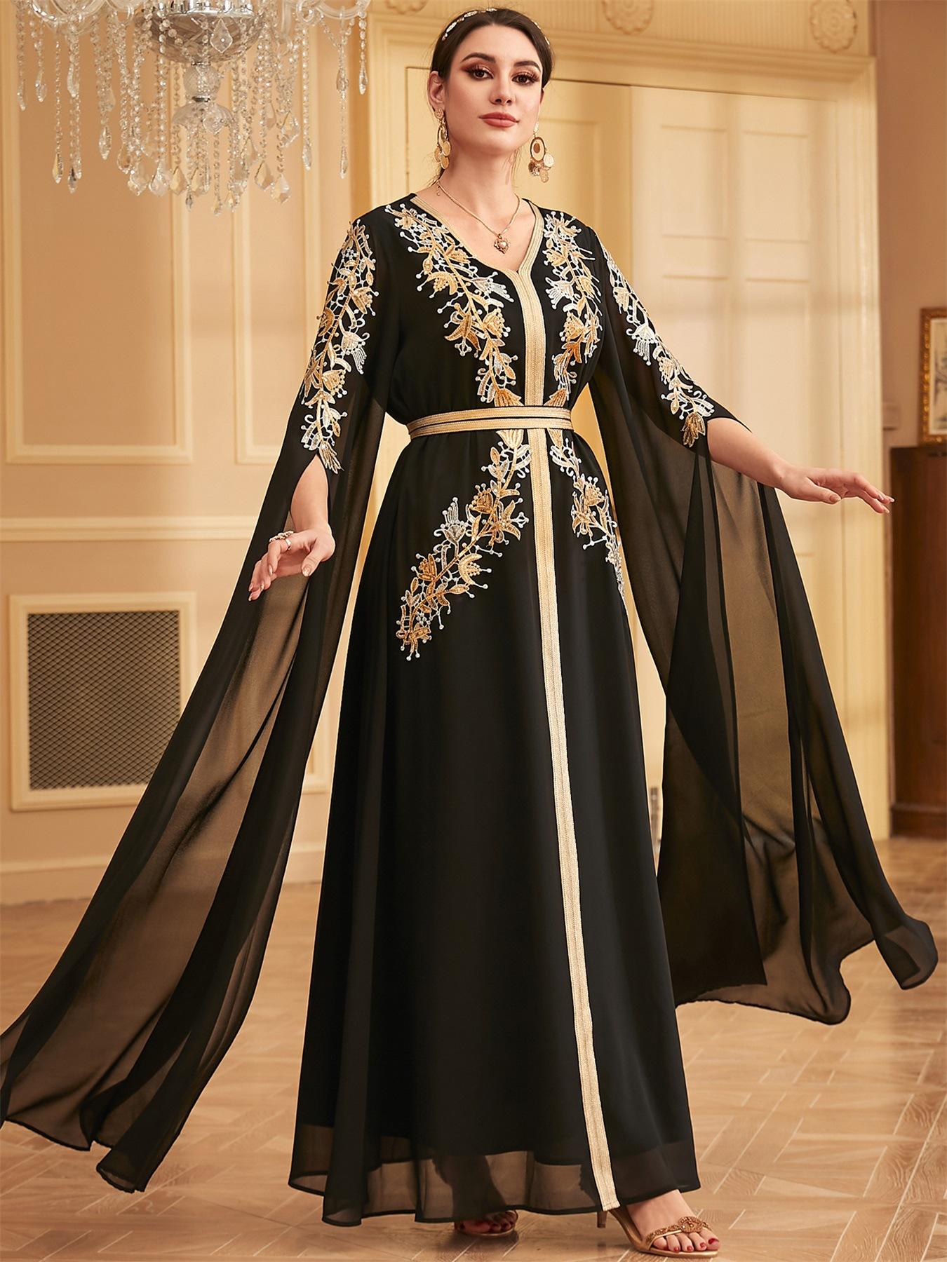 Robe longue noire élégante à manches Super longues, mode de dubaï, paillettes appliquées, ceinture de fête, Abayas, Robe arabe saoudienne pour femmes