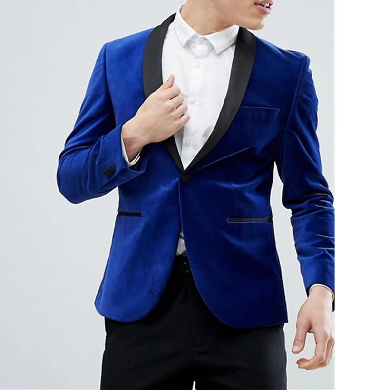 Slim Fit Royal Blue Velvet Men Suits with Black Pants 2 Pieces Groom Tuxedo Male Fashion Wedding Blazer Latest Style