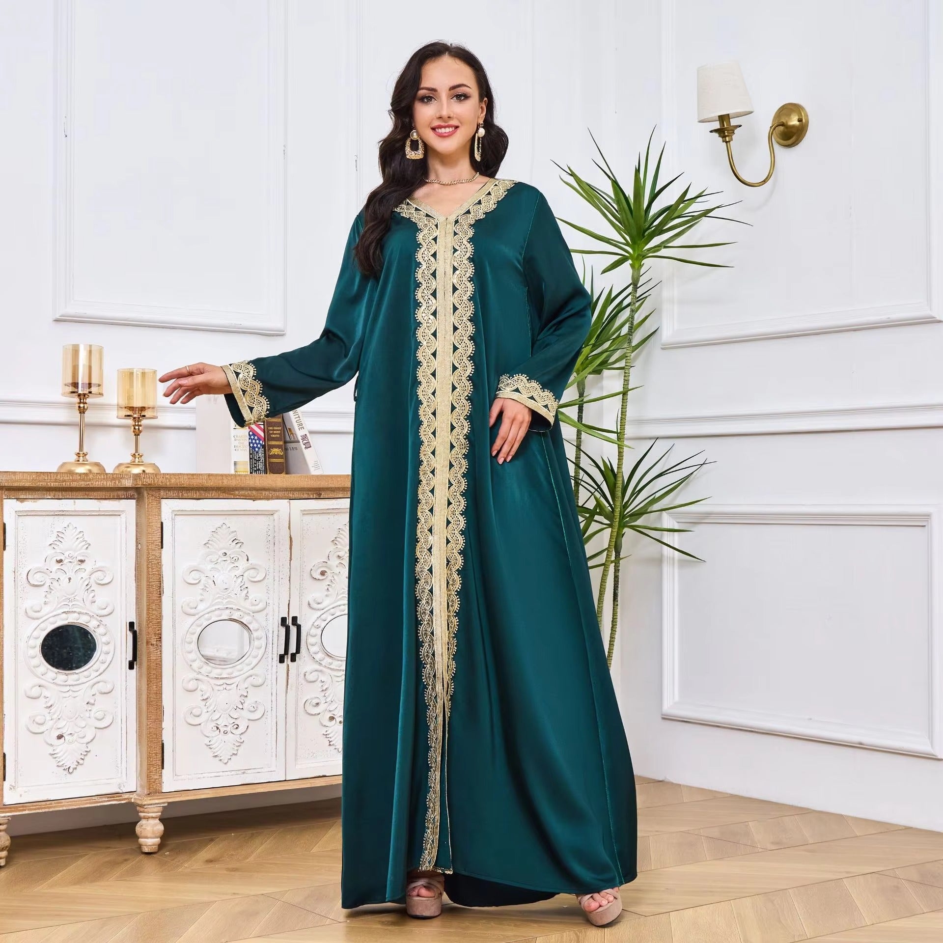 Mode marokkanische Abaya weibliche arabische Klebebandverkleidung voller Ärmeln V-Ausschnitt Split Saum Schäper elegante schicke Frauen langes Kleid