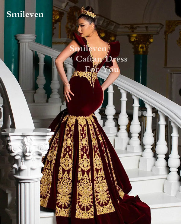 Sexy V Neck Burgundy Mermaid Morocco Caftan Evening Party Dress Gold Lace Velvet Prom Gowns Traditional Women Dresses