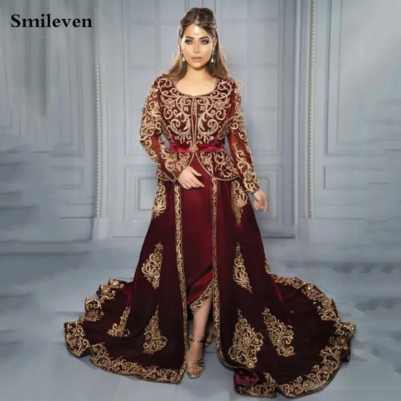Algerian Caftan Burgundy Formal Evening Dresses Velvet Special occasion Dresses Lace Appliques Outfit Prom Party Gowns