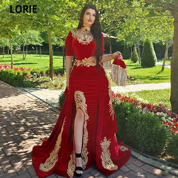 Red Moroccan Kaftan Evening Dress Mermaid Formal Dubai Lace Appliques Prom Celebrity Gowns with Remove Skirt High Split