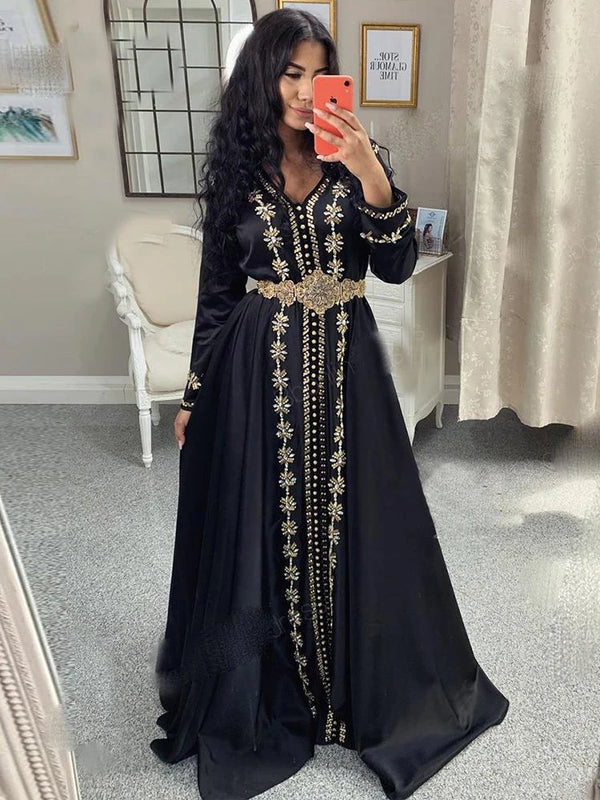 Black Moroccan Kaftan Evening Dresses Formal Appliques Beading Long Muslim Full Sleeve Arabic Prom Party Gowns for Women