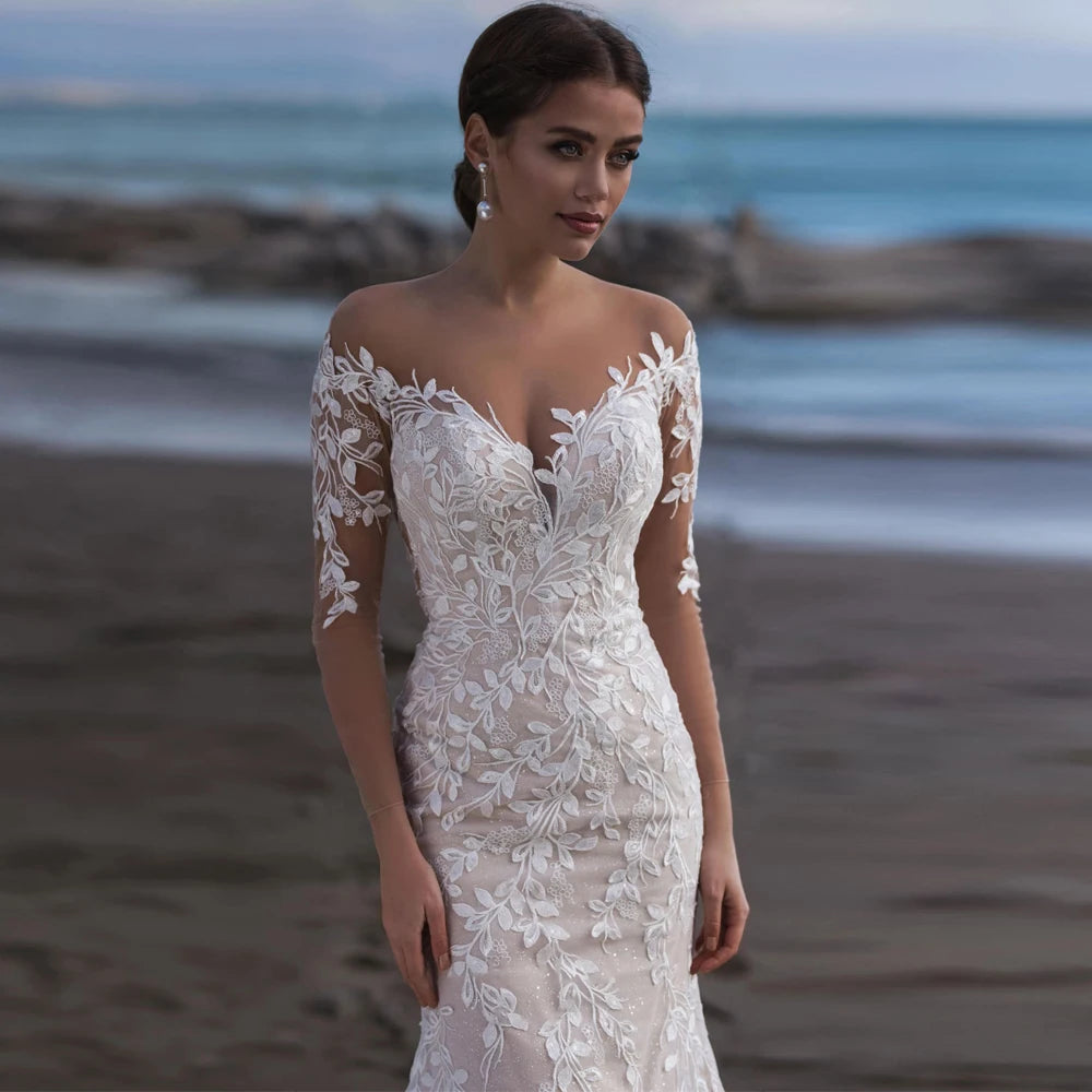 Beach Long Sleeves Mermaid Tulle Wedding Dress Elegant V-Neck Lace Appliques Illusion Back With Button Bridal Gown Custom Made