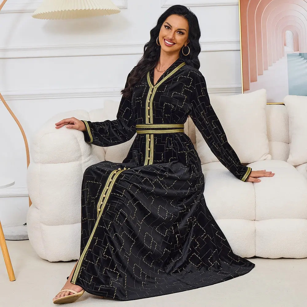 Otoño Invierno terciopelo negro vestido largo estampado dorado manga larga cuello en V cinturón Abaya Jalabiyat marroquí Dubai Kaftan