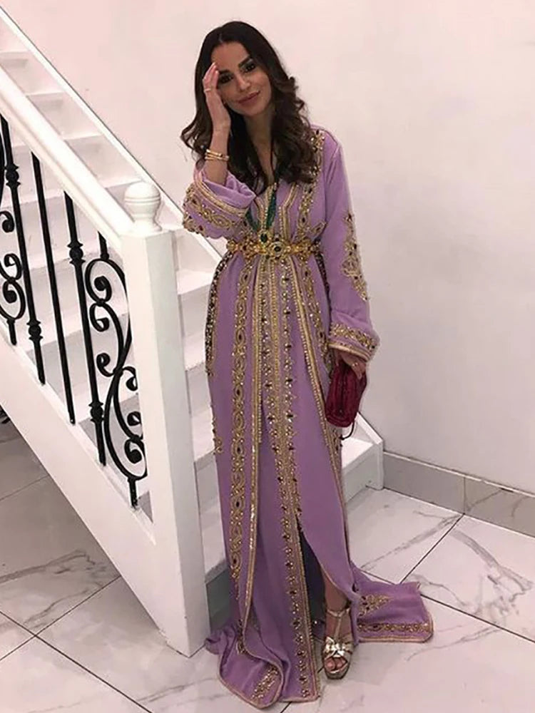 Caftán marroquí de lavanda, vestido de noche de manga larga con encaje musulmán, vestido para ocasiones especiales, lujoso vestido de fiesta de cristal