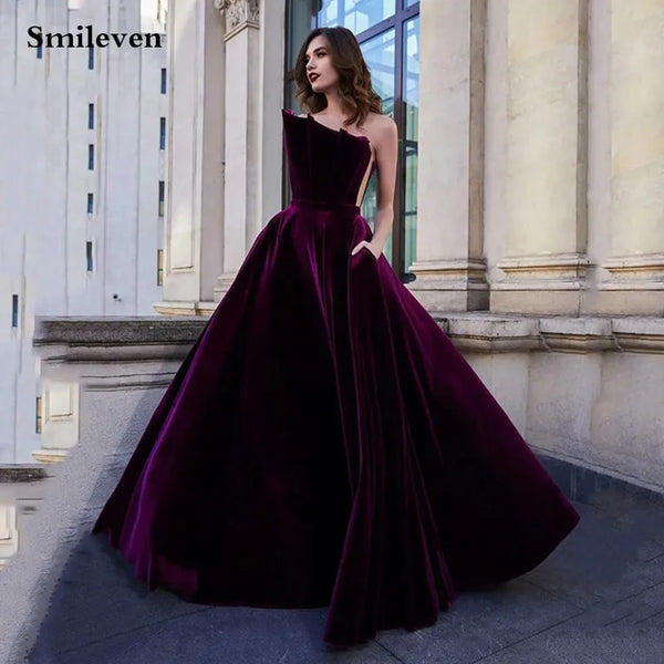 Purple Velvet Caftan Arabic Evening Dresses Sexy Strapless Dubai Formal Party Gown Plus Size s Longo Prom Gowns